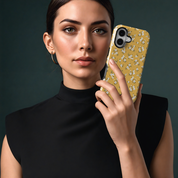 Mustard yellow floral MagSafe iPhone 16 case with white flowers – Golden Field