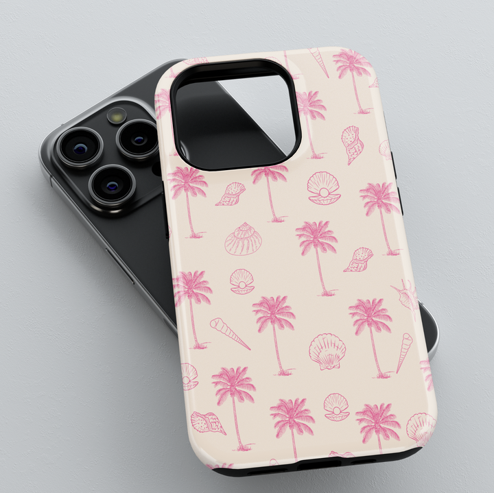 Beige iPhone 16 case with pink palm tree and seashell pattern – girly beach aesthetic phone case for women, MagSafe compatible, cute summer design

