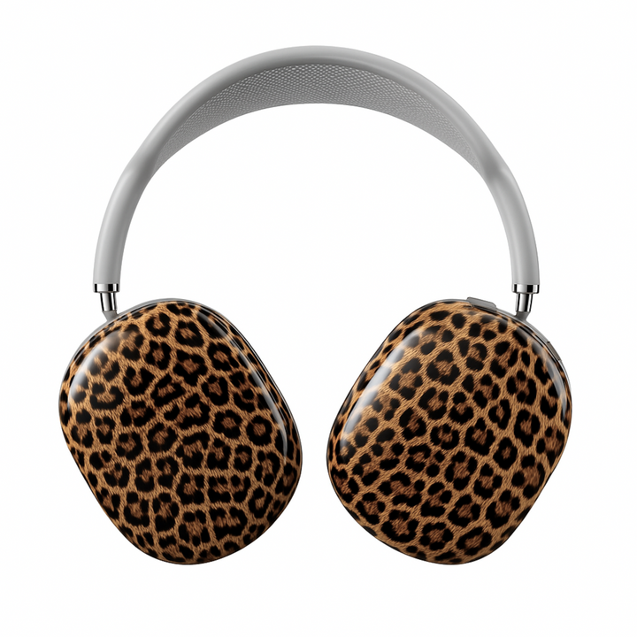 leopard print AirPods Max cover, bold and wild animal print headphone skin for Apple AirPods Max, trendy girly tech accessory.