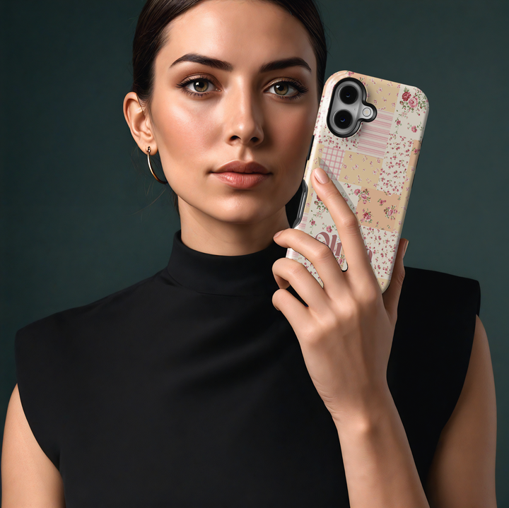 Personalized floral patchwork iPhone case with vintage-inspired rose patterns and custom name. Aesthetic cottagecore phone cover.