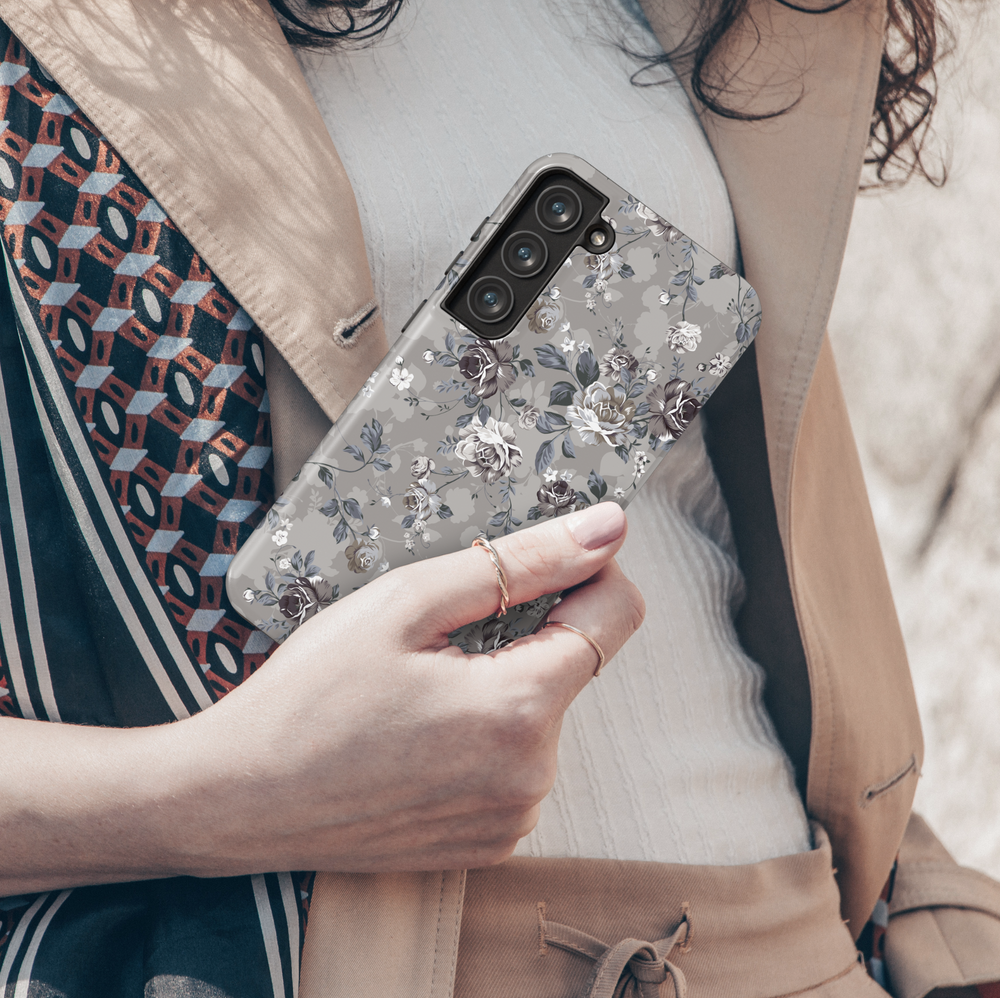Dark floral Samsung Galaxy phone case with taupe and ivory roses on gray background – moody vintage design for women