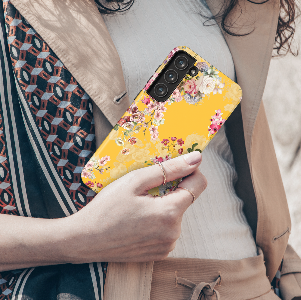 Mustard yellow Samsung Galaxy phone case with colorful vintage floral design – girly protective phone cover