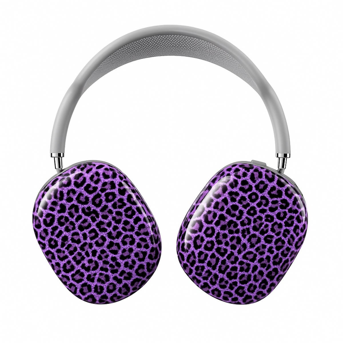Purple leopard print AirPods Max cover, bold and wild animal print headphone skin for Apple AirPods Max, trendy girly tech accessory.