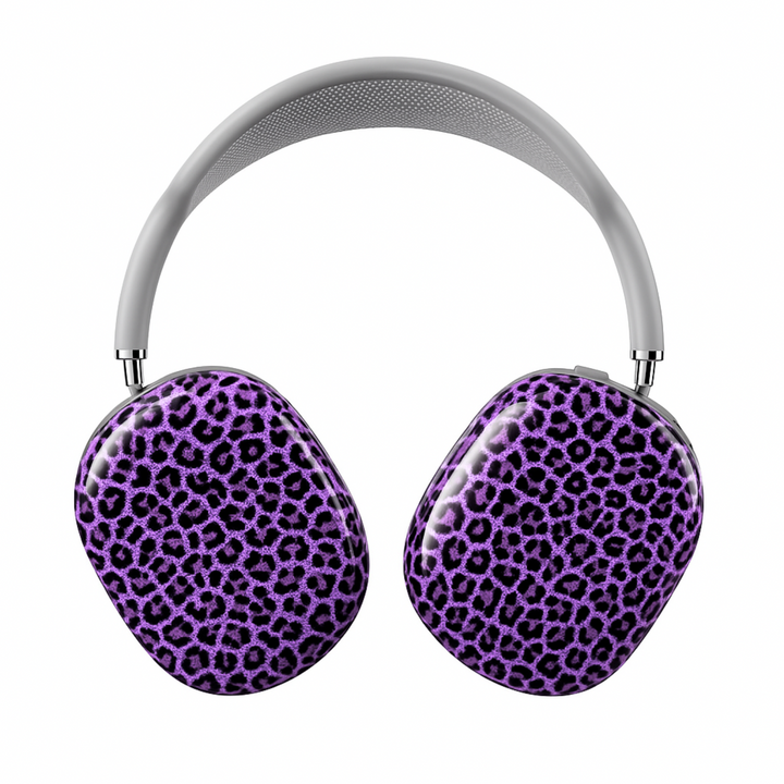 Purple leopard print AirPods Max cover, bold and wild animal print headphone skin for Apple AirPods Max, trendy girly tech accessory.