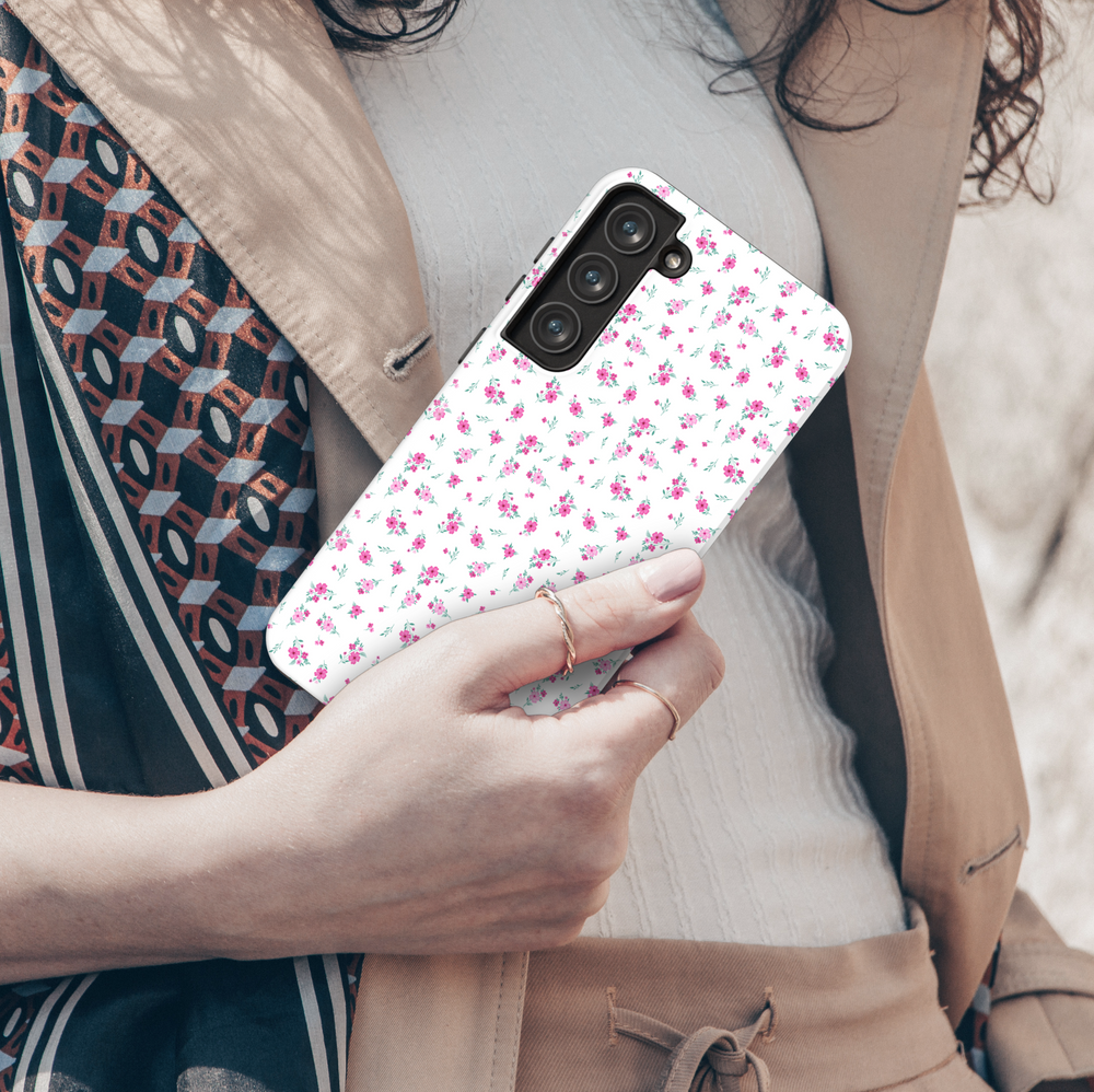White Samsung Galaxy case with pink floral pattern – minimal feminine protective phone cover for women