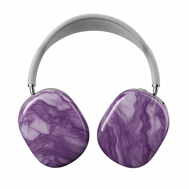 Purple marble AirPods Max cover with swirling stone texture, elegant and calming headphone skin for Apple AirPods Max, luxury aesthetic tech accessory.