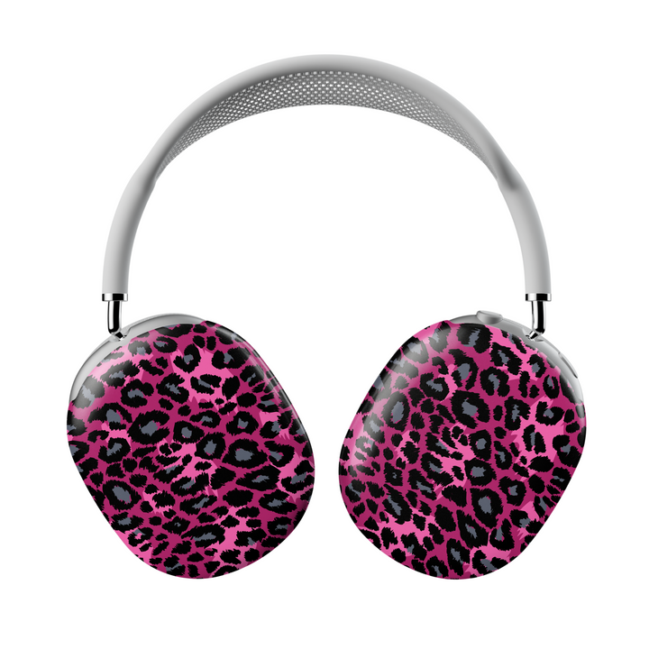Hot pink and black leopard print AirPods Max cover, bold animal print headphone skin for Apple AirPods Max, fierce and trendy tech accessory.