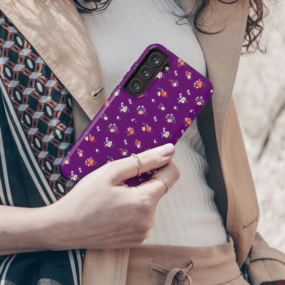 Purple Samsung Galaxy case with colorful mini floral pattern – stylish girly flower print phone cover for women
