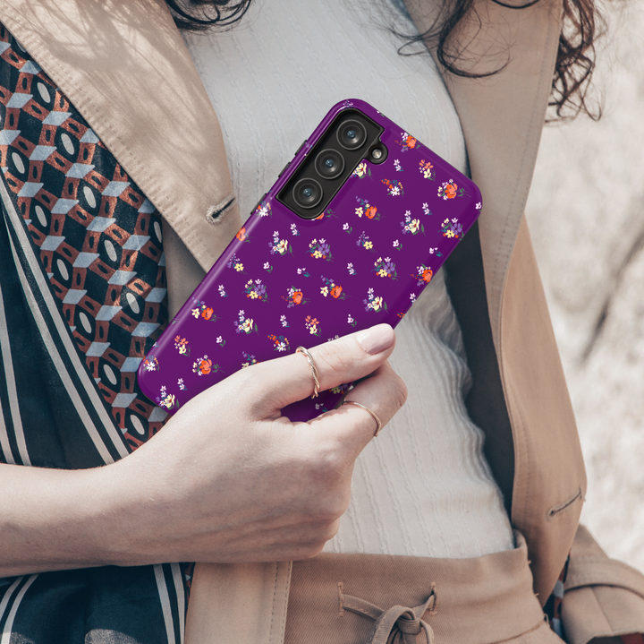 Purple Samsung Galaxy case with colorful mini floral pattern – stylish girly flower print phone cover for women