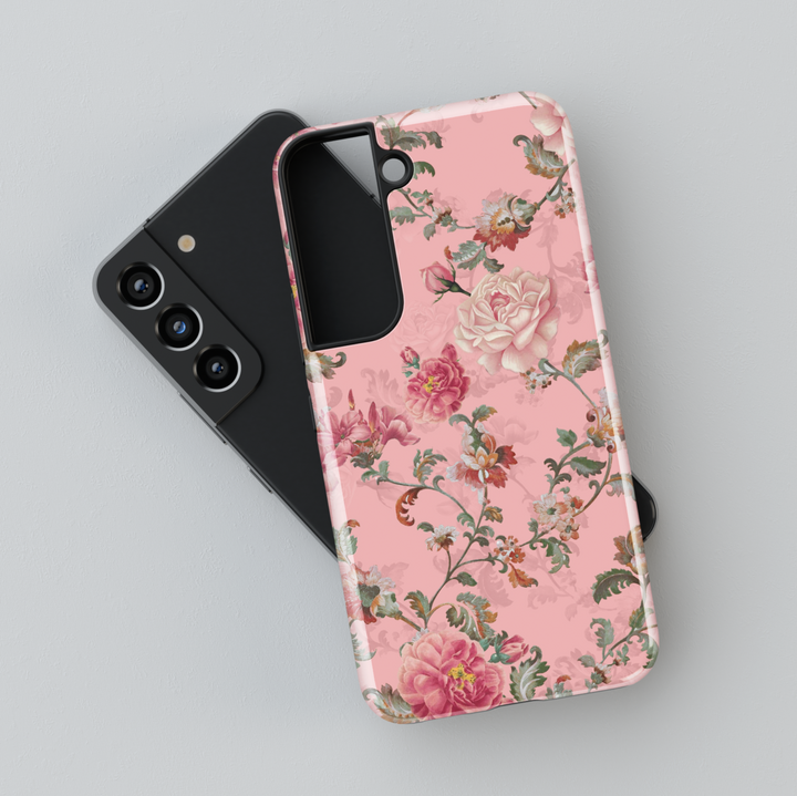 Galaxy case with vintage rose floral pattern on blush pink background – romantic feminine phone cover