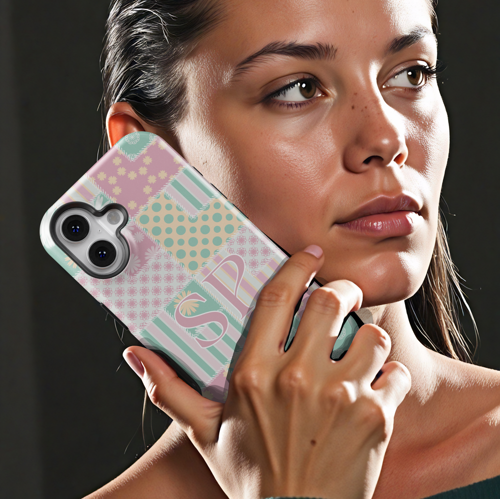 Personalized pastel patchwork iPhone case featuring soft vintage quilt patterns with custom initials. Aesthetic and cozy phone cover.