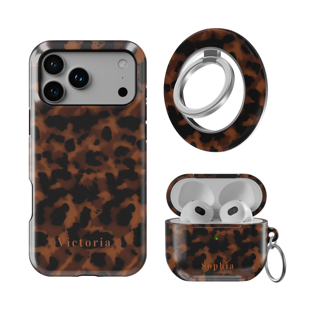 Signature Shell Tortoise iPhone bundle with matching MagSafe case, AirPods case and ring holder