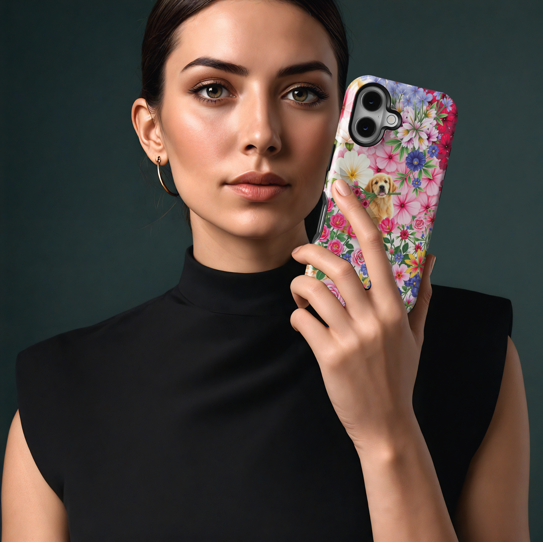 Adorable floral iPhone case featuring a golden retriever puppy holding a bouquet, surrounded by vibrant pink, blue, and white flowers for a dreamy, whimsical aesthetic.