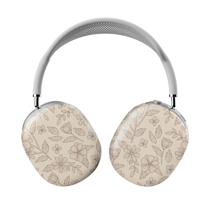 Beige AirPods Max cover with delicate brown floral line art, minimalist botanical headphone skin for Apple AirPods Max, elegant neutral tech accessory.