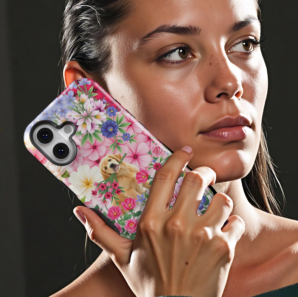 Adorable floral iPhone case featuring a golden retriever puppy holding a bouquet, surrounded by vibrant pink, blue, and white flowers for a dreamy, whimsical aesthetic.