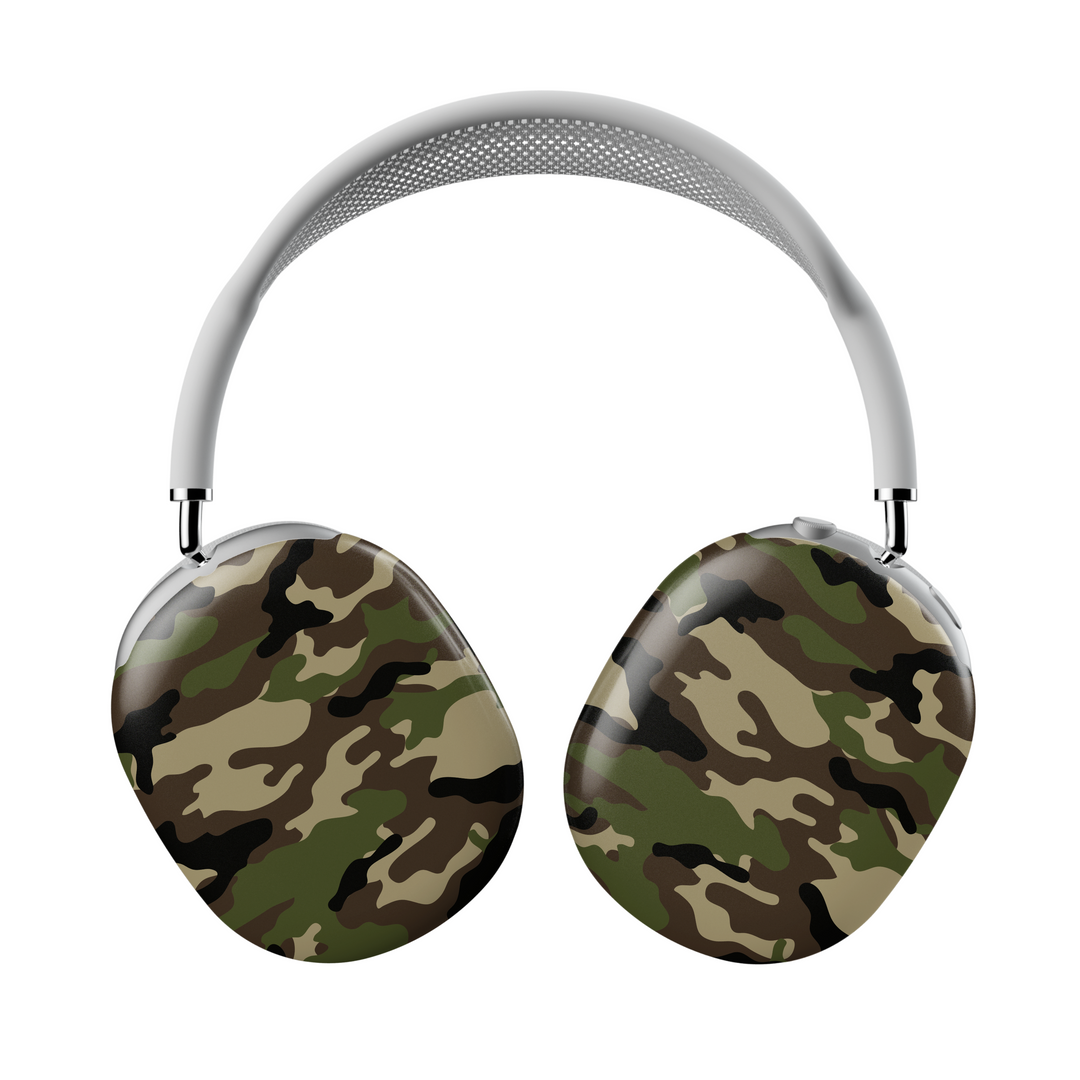 Green and brown camouflage AirPods Max cover, rugged military-style headphone skin for Apple AirPods Max, tactical and outdoorsy tech accessory.
