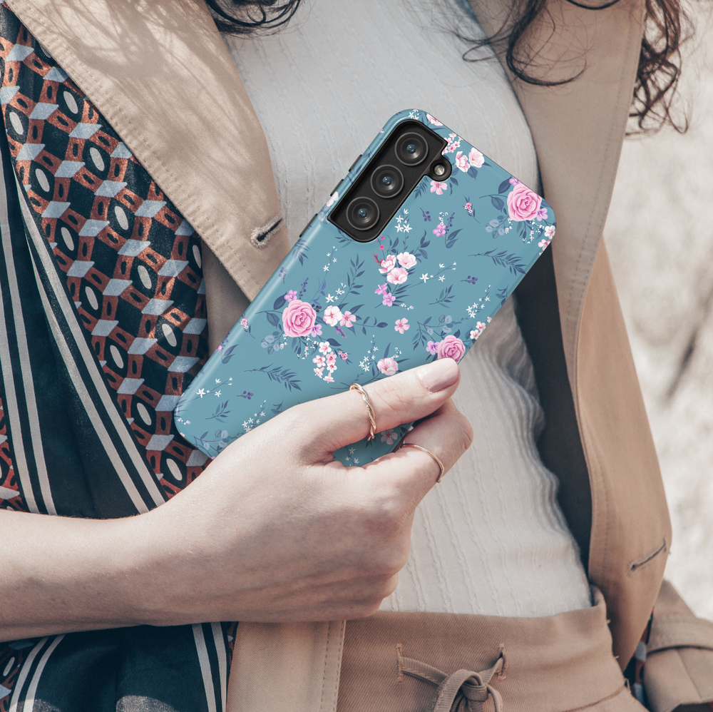 Teal Samsung Galaxy case with pink and white floral design – elegant garden aesthetic protective phone cover for women