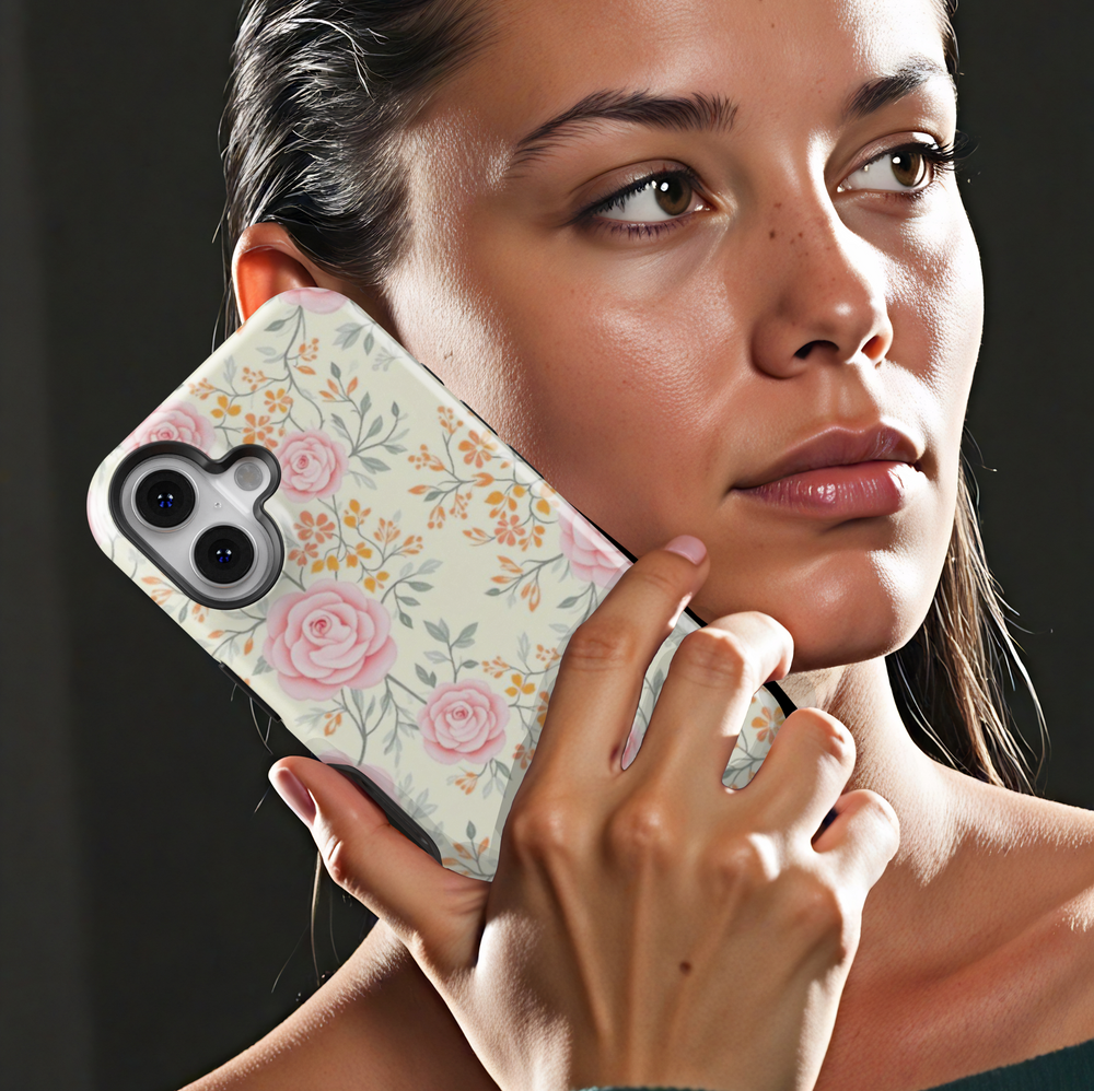 Vintage floral iPhone case with soft pink roses and delicate orange blossoms on a cream background, perfect for a romantic cottagecore aesthetic.