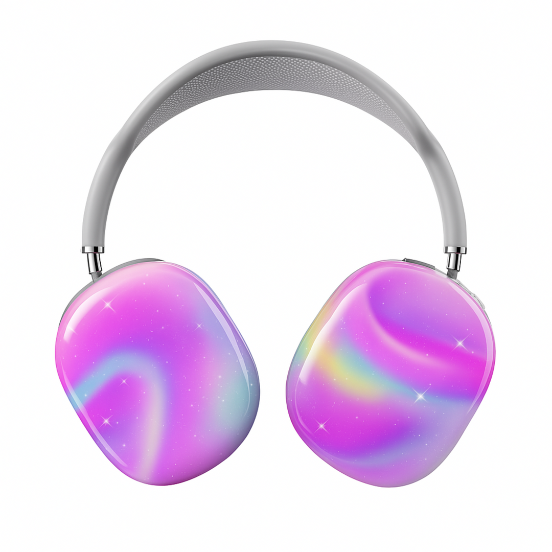 Pastel galaxy AirPods Max cover with sparkly rainbow swirls and stars, dreamy aesthetic headphone skin for Apple AirPods Max, cosmic music-themed tech accessory.
