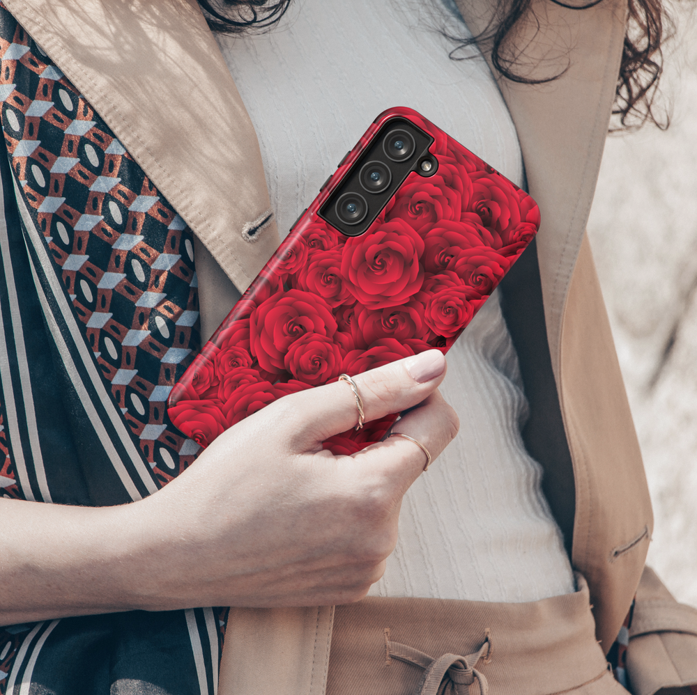 Romantic red rose Samsung Galaxy case with full floral pattern – bold and feminine flower protective phone cover for women