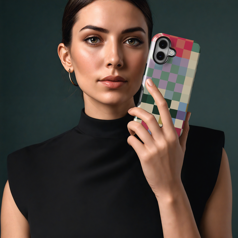 Aesthetic multicolor checkerboard iPhone 16 case for women – soft pastel rainbow grid phone cover with MagSafe for girls