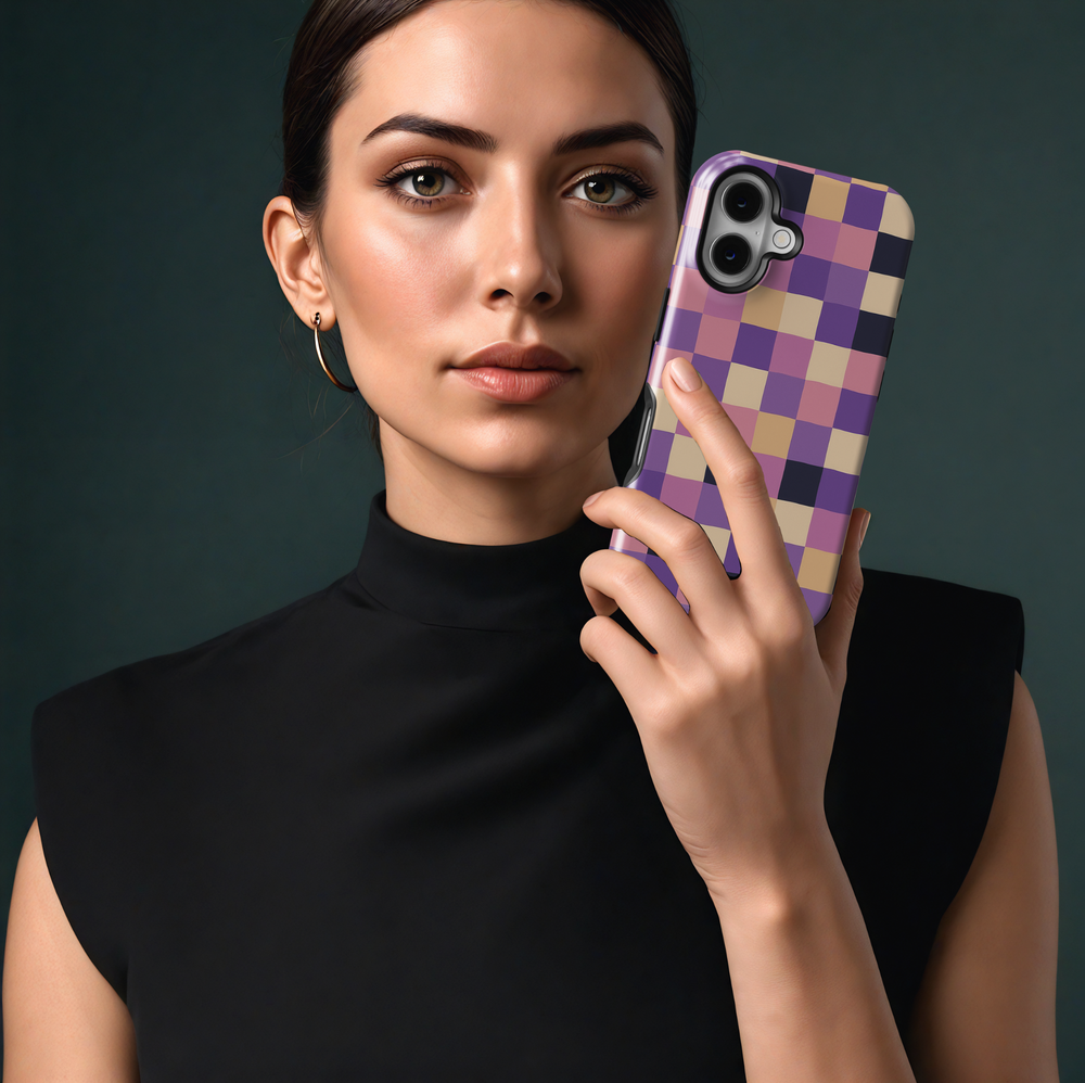 Aesthetic purple and beige checker pattern iPhone 16 case for women – girly wavy checkerboard MagSafe phone cover in pink, cream, and plum tones
