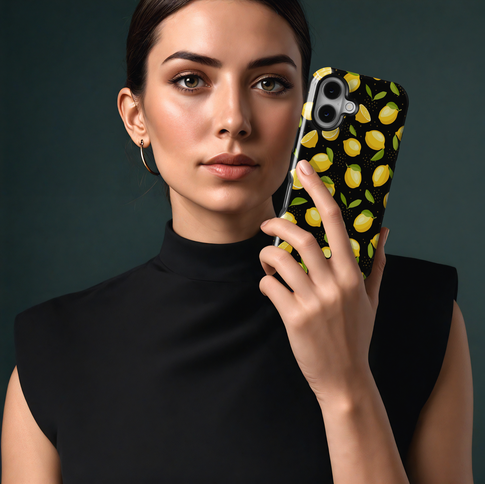 iPhone 16 MagSafe phone case with bright yellow lemons on black background – cute fruity case for women

