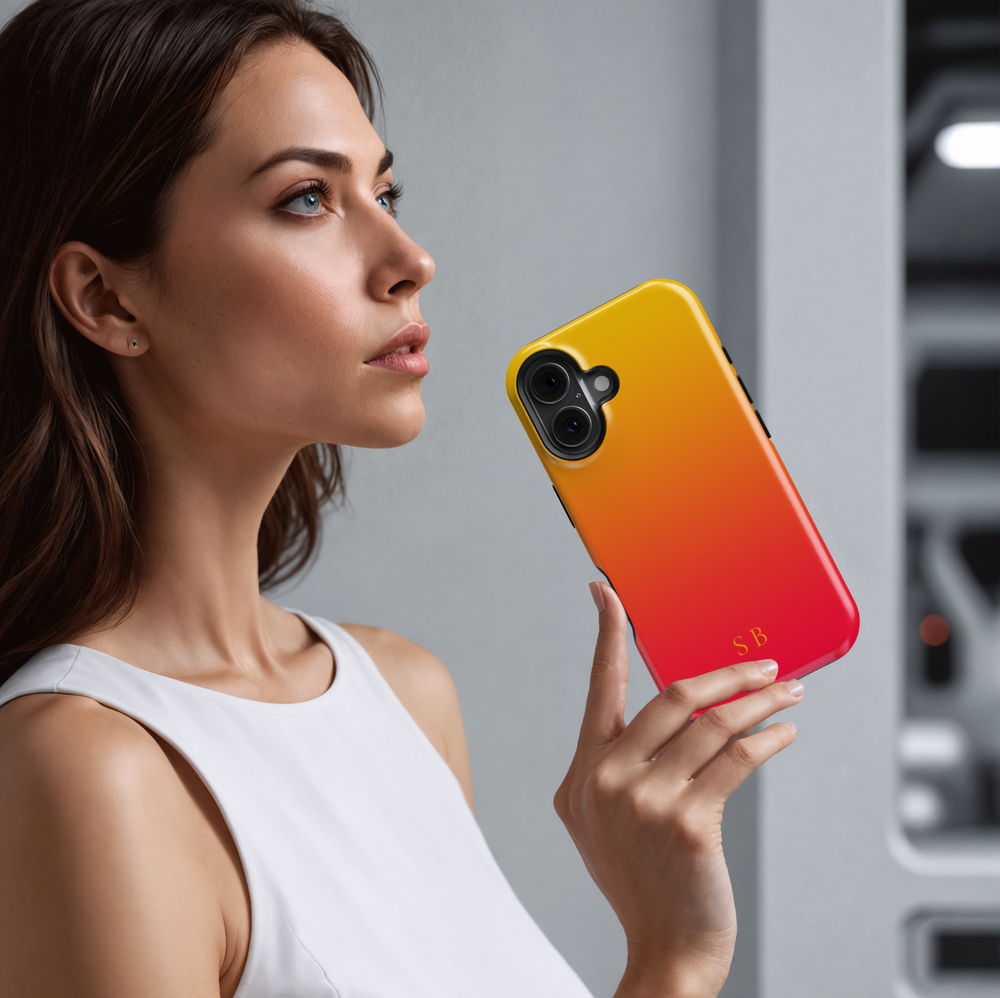 Personalized initials iPhone case with yellow to red sunset gradient design – MagSafe compatible iPhone 16 Pro Max and iPhone 15 Pro custom ombre phone case