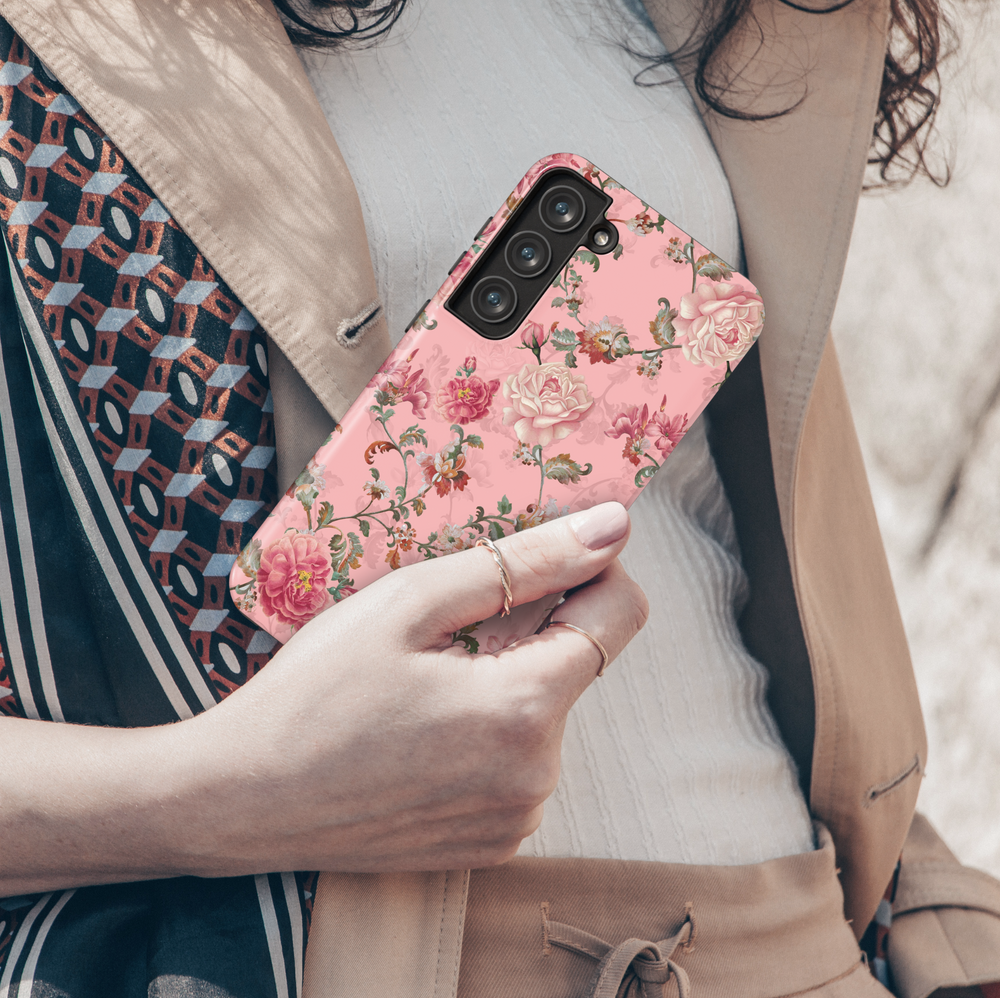 Galaxy case with vintage rose floral pattern on blush pink background – romantic feminine phone cover