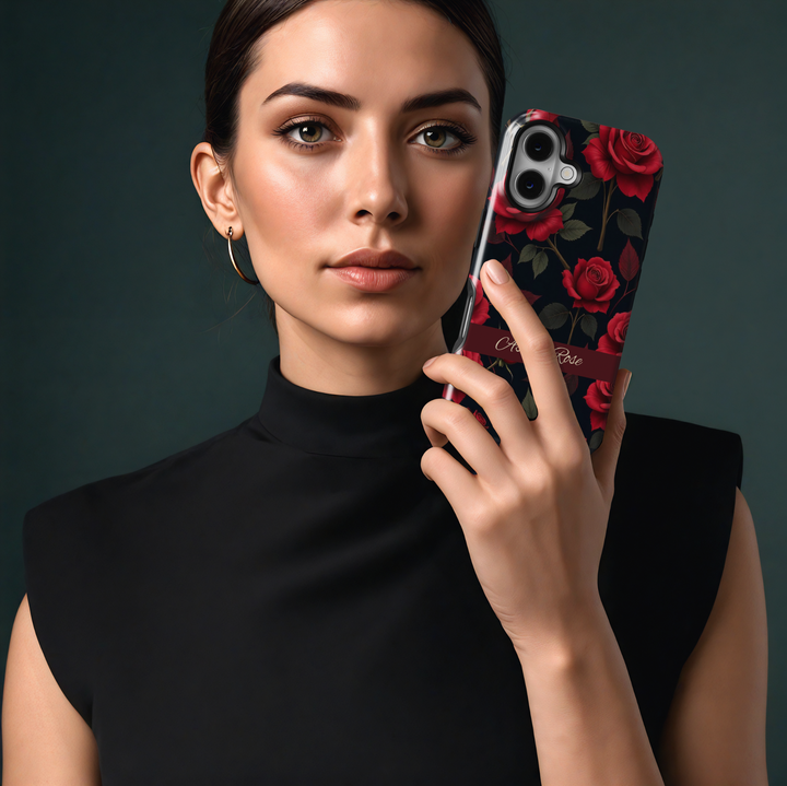 Red rose personalized floral phone case with name on dark background – elegant custom case for iPhone