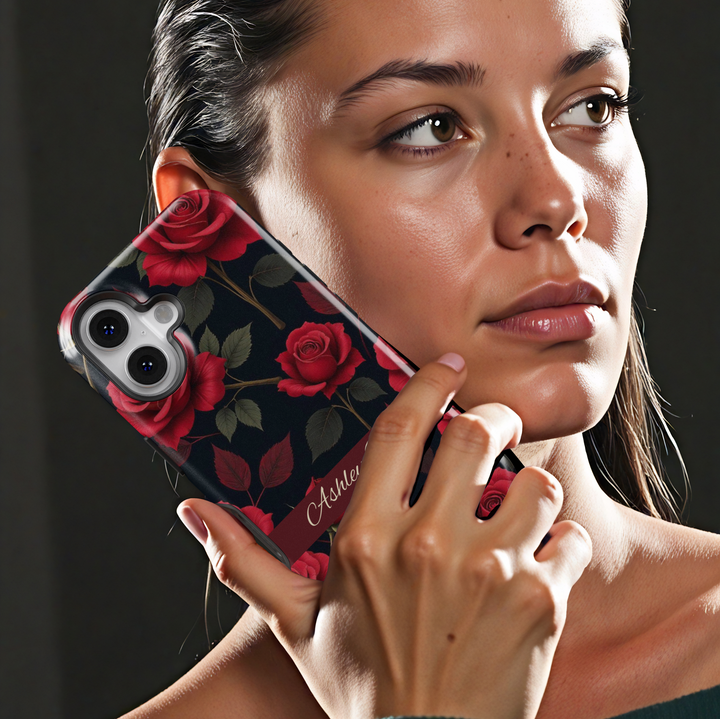 Red rose personalized floral phone case with name on dark background – elegant custom case for iPhone