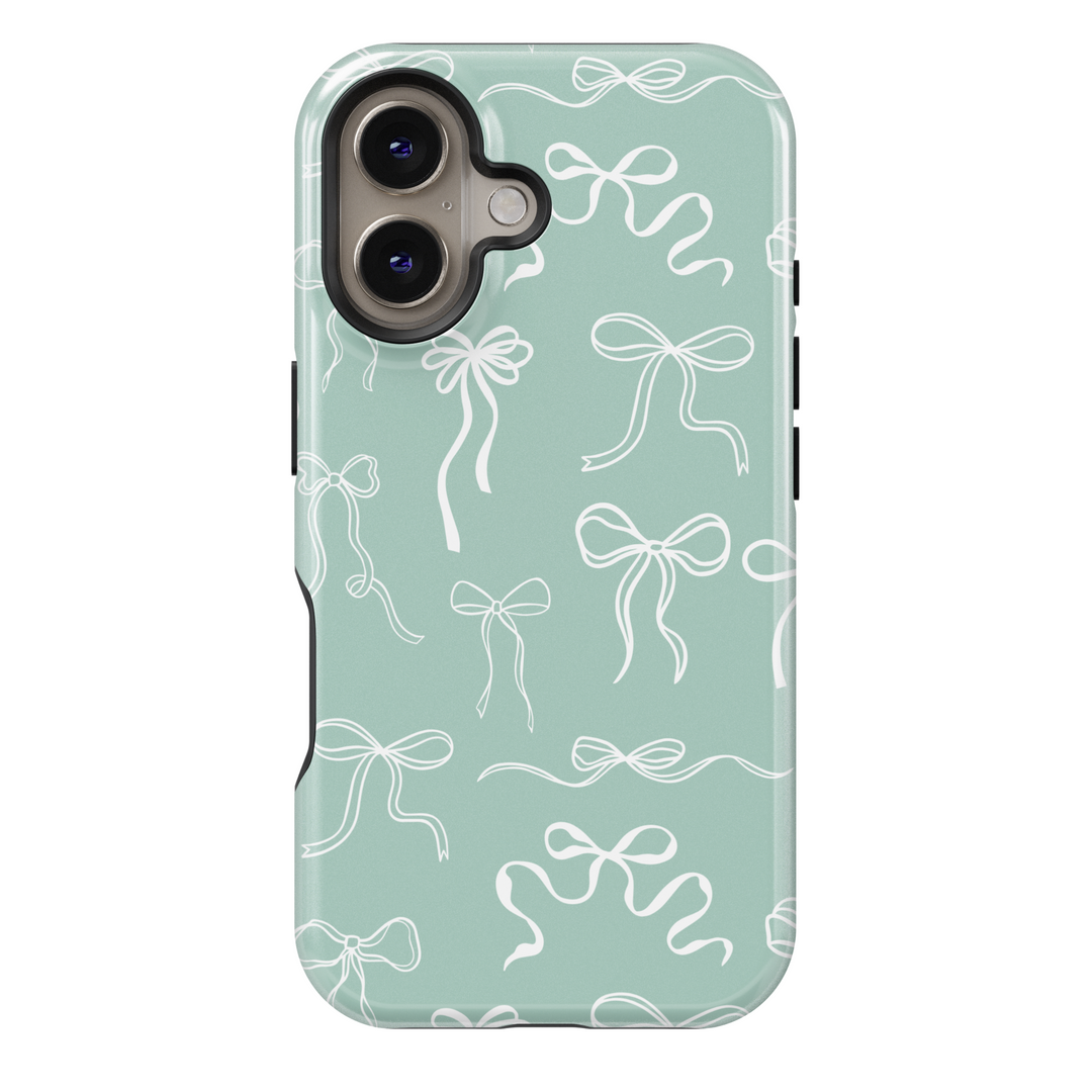 Mint green bow iPhone 16 MagSafe tough phone case, girly ribbon design, aesthetic protective phone cover for women, spring pastel phone case gift

