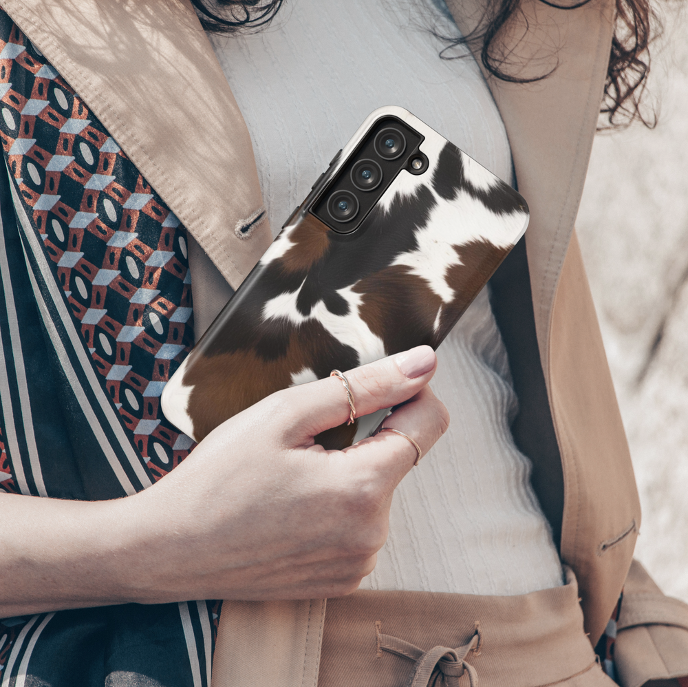 Brown and white cow print Samsung Galaxy phone case – realistic furry pattern western aesthetic protective cover for women
