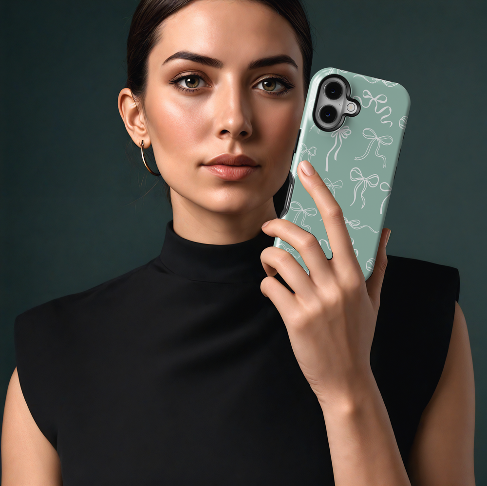 Mint green bow iPhone 16 MagSafe tough phone case, girly ribbon design, aesthetic protective phone cover for women, spring pastel phone case gift

