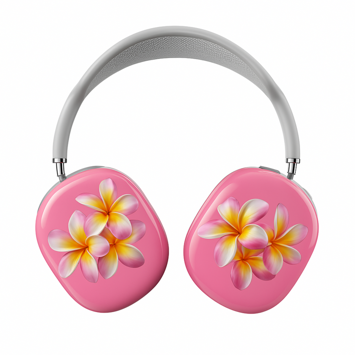 Pink AirPods Max cover with tropical plumeria flower design, vibrant floral headphone skin for Apple AirPods Max, island-inspired aesthetic tech accessory.