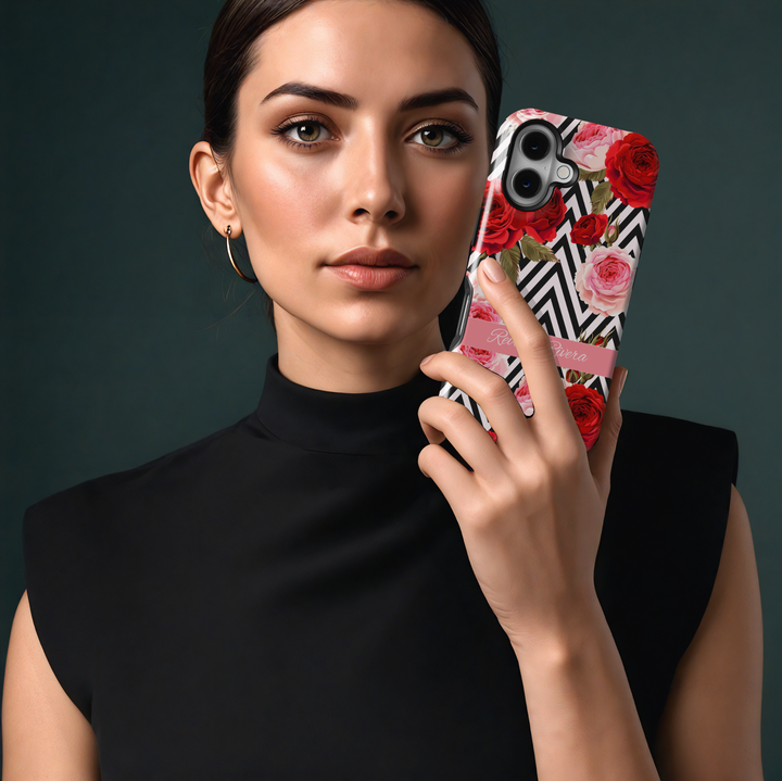 Custom floral phone case with red and pink roses, chevron pattern tough iPhone and Samsung case with personalized name, bold spring cover