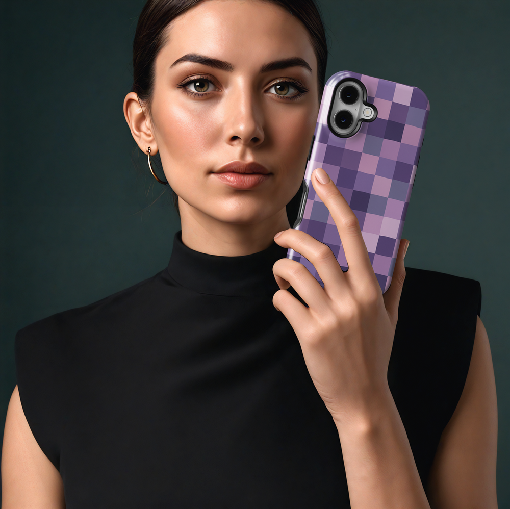 Lilac purple checker iPhone 16 case for women – aesthetic girly MagSafe phone case, soft pastel checkered protective cover