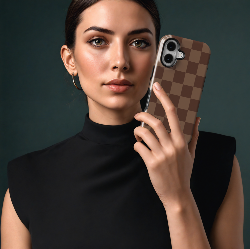Minimal brown checker iPhone 16 case for women – aesthetic neutral iPhone case, MagSafe phone case for girls, protective trendy cover