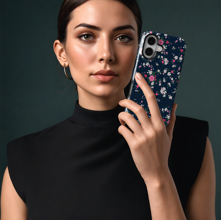 Custom navy floral phone case with small pink and white flowers, personalized name iPhone Samsung cover, spring botanical tough case