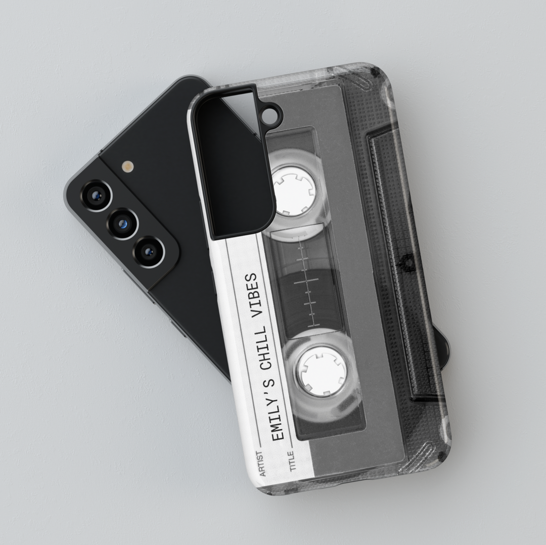 Black and white retro cassette Galaxy case with 'Emily's Chill Vibes' text – custom vintage mixtape phone cover