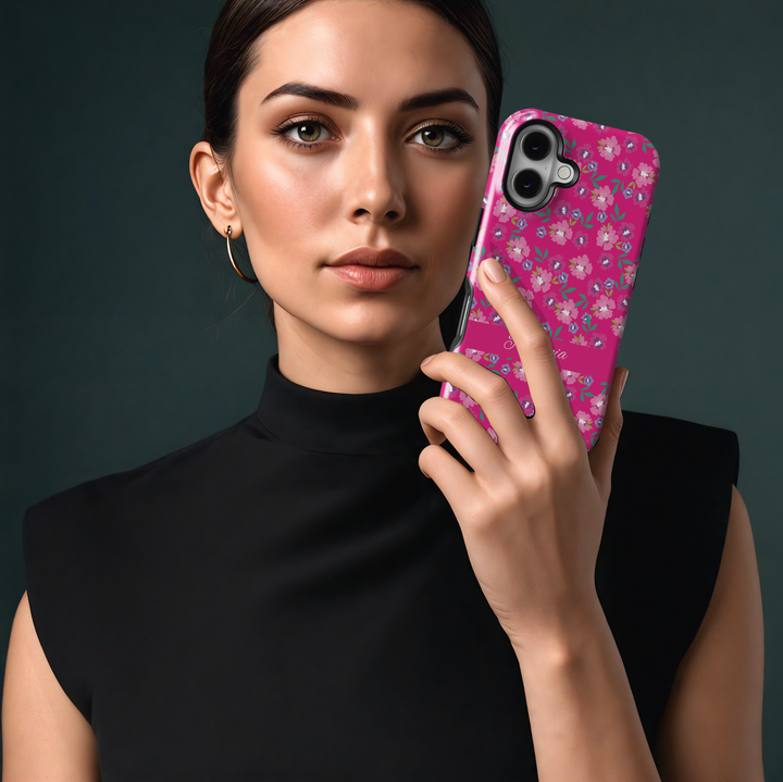 Bright pink personalized floral phone case with custom name, small flower pattern iPhone Samsung cover, girly spring tough case design