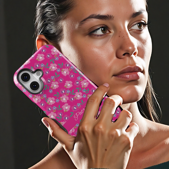 Bright pink personalized floral phone case with custom name, small flower pattern iPhone Samsung cover, girly spring tough case design