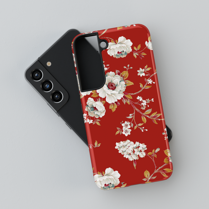 Red floral Samsung Galaxy case with vintage ivory flowers and golden leaves – elegant girly phone cover