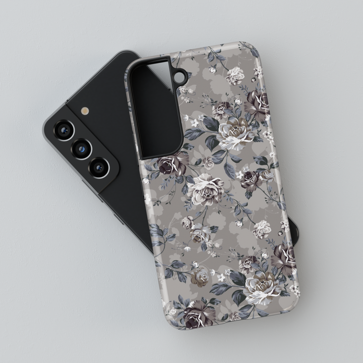 Dark floral Samsung Galaxy phone case with taupe and ivory roses on gray background – moody vintage design for women