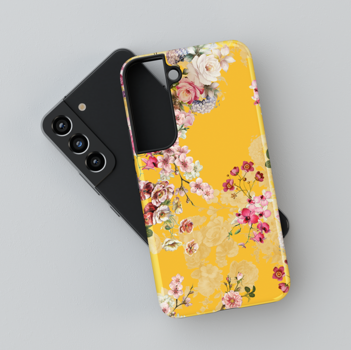 Mustard yellow Samsung Galaxy phone case with colorful vintage floral design – girly protective phone cover