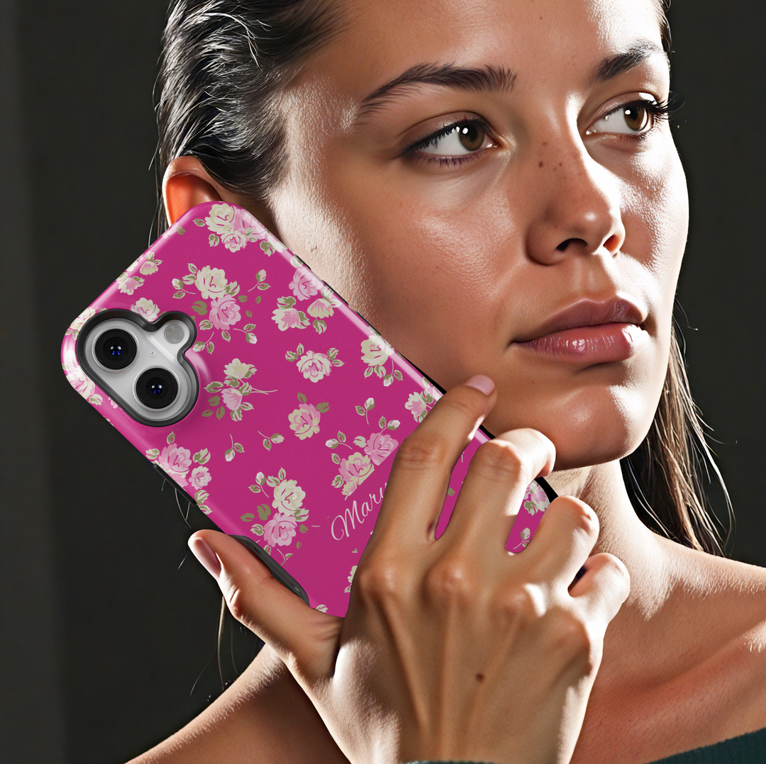 Bright pink floral phone case with custom name, spring flower pattern iPhone Samsung cover, girly tough phone case with rose print design