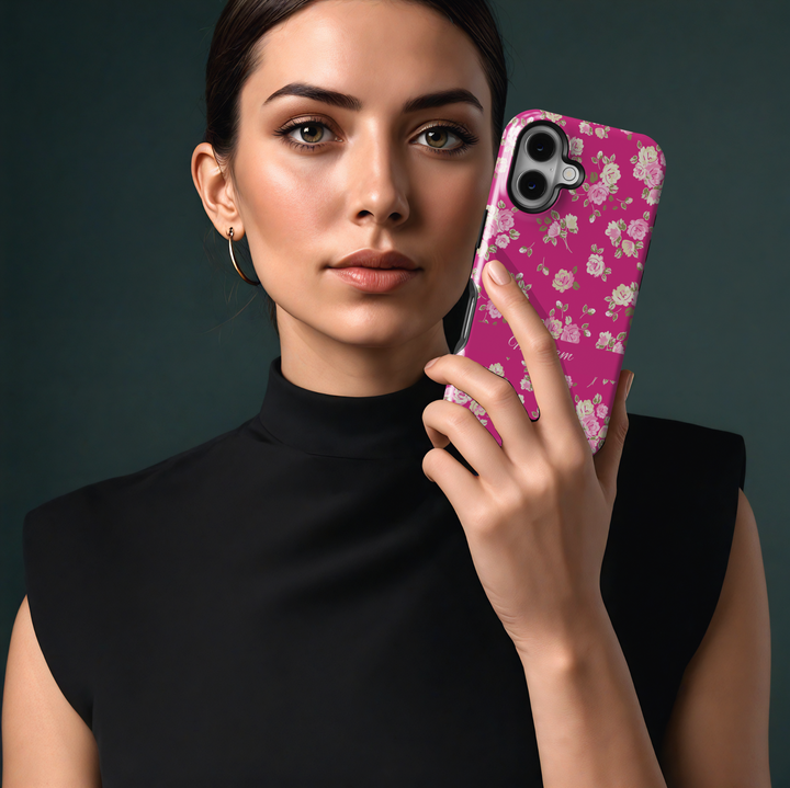 Bright pink floral phone case with custom name, spring flower pattern iPhone Samsung cover, girly tough phone case with rose print design