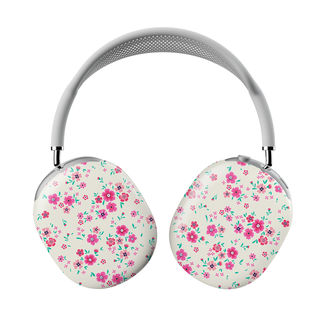 Cream AirPods Max cover with vibrant pink floral pattern, spring flower design headphone skin for Apple AirPods Max, aesthetic music lover accessory.