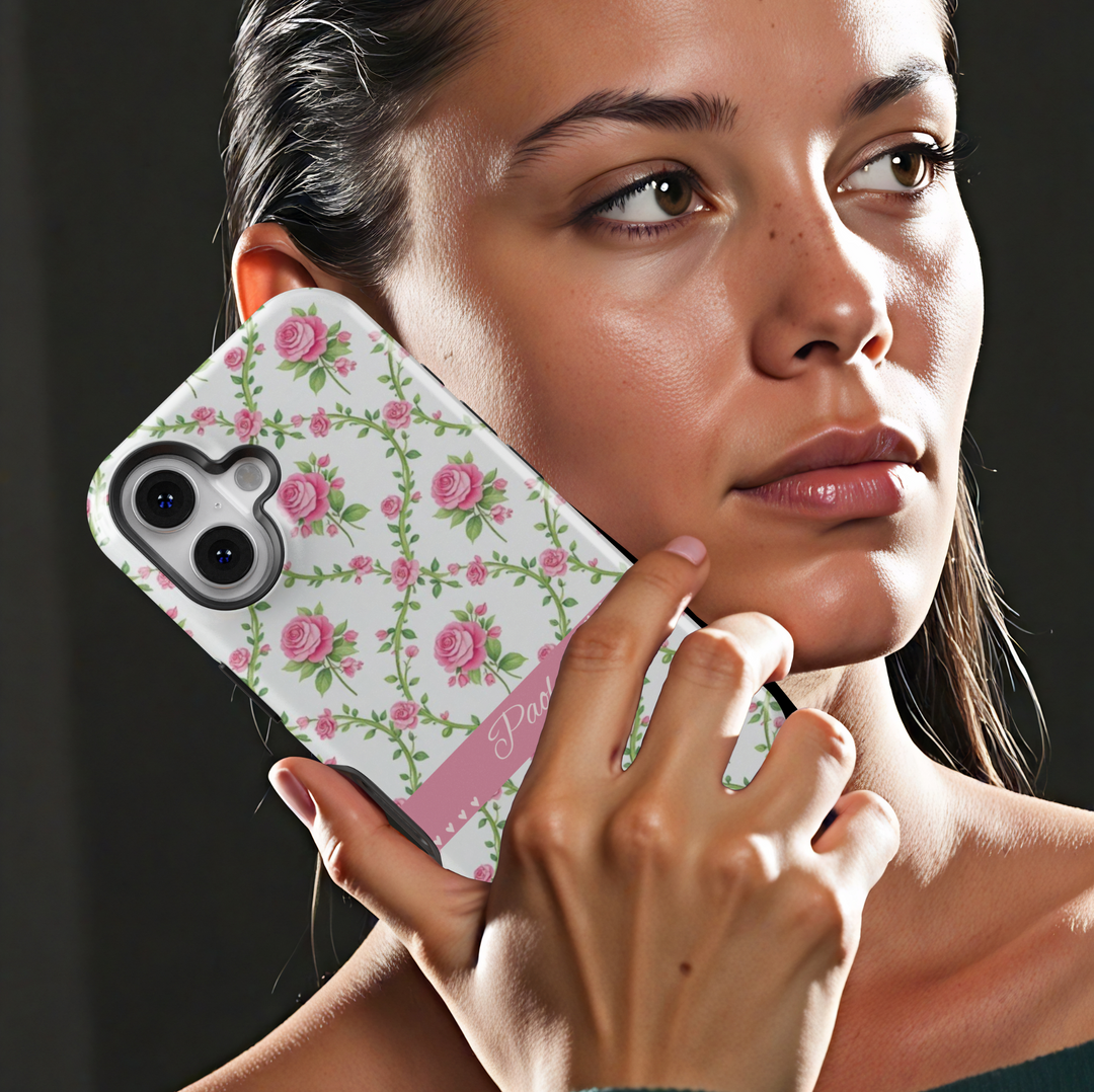 White floral phone case with pink roses and personalized name, custom spring rose iPhone Samsung cover, girly tough phone case gift for her