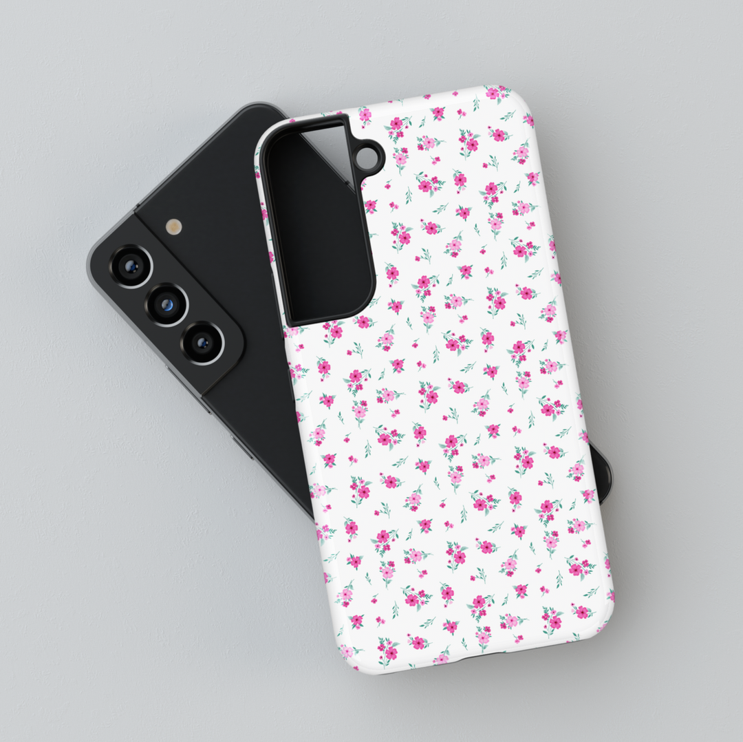 White Samsung Galaxy case with pink floral pattern – minimal feminine protective phone cover for women